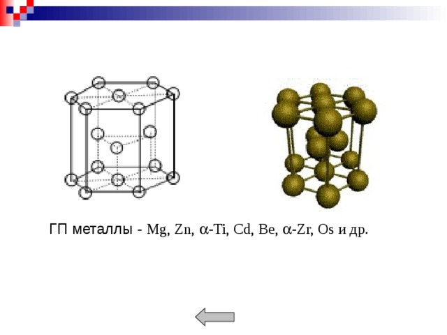 ГП металлы - Mg, Zn,   - Ti, Cd, Be,  - Zr, Os и др.