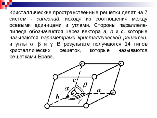 Кристаллические пространственные решетки делят на 7 систем - сингоний , исходя из соотношения между осевыми единицами и углами. Стороны параллеле-пипеда обозначаются через вектора a, b и с, которые называются параметрами кристаллической решетки , и углы  ,  и  . В результате получаются 14 типов кристаллических решеток, которые называются решетками Браве.