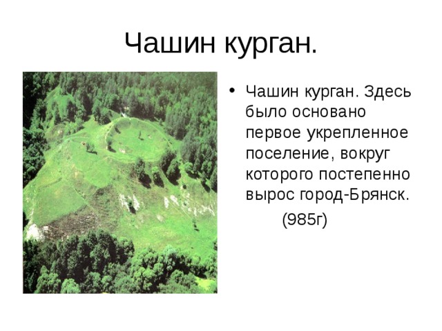 Чашин курган . Чашин курган. Здесь было основано первое укрепленное поселение, вокруг которого постепенно вырос город-Брянск.  (985г )