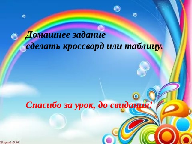 Домашнее задание сделать кроссворд или таблицу.      Спасибо за урок, до свидания!