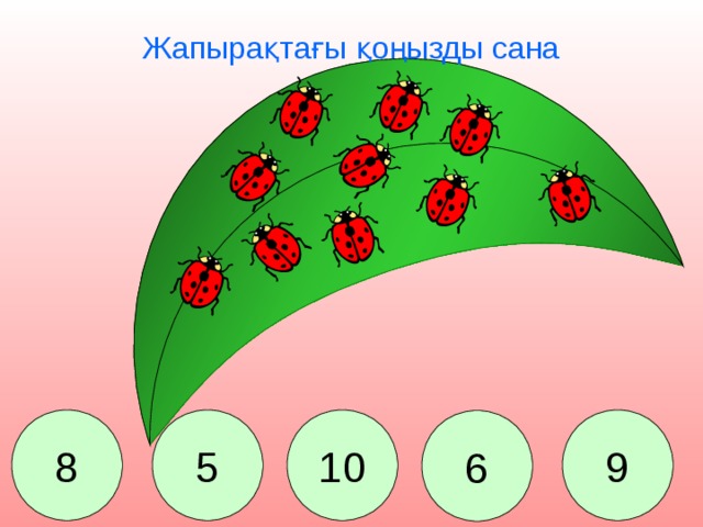 Жапырақтағы қоңызды сана 8 5 10 9 6 Сколько божьих коровок сидит на листике? 8. 5. 10. 6. 9.