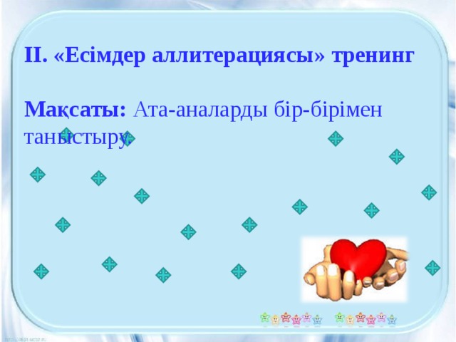 ІІ. «Есімдер аллитерациясы» тренинг   Мақсаты: Ата-аналарды бір-бірімен таныстыру.