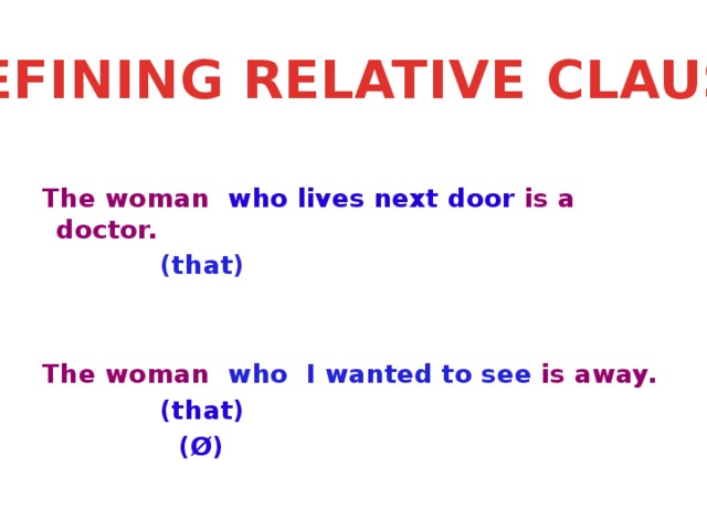NoDEFI DEFINING RELATIVE CLAUSE  The woman who lives next door is a doctor.  (that)   The woman who I wanted to see is away.  (that)  (Ø)