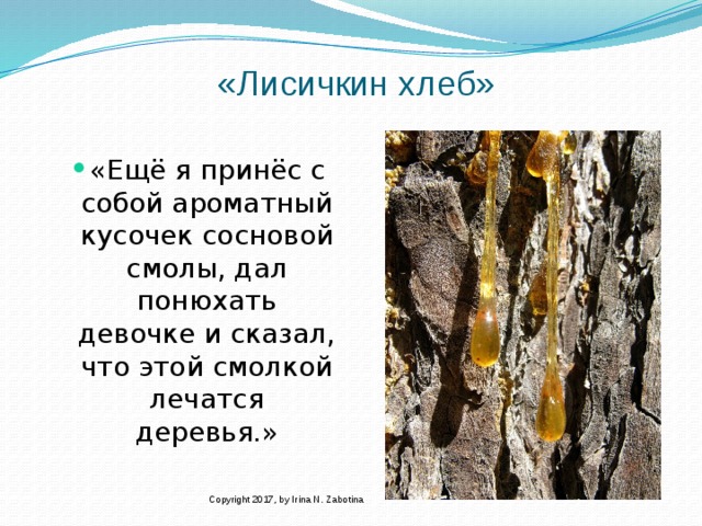 «Лисичкин хлеб» «Ещё я принёс с собой ароматный кусочек сосновой смолы, дал понюхать девочке и сказал, что этой смолкой лечатся деревья.» «Ещё я принёс с собой ароматный кусочек сосновой смолы, дал понюхать девочке и сказал, что этой смолкой лечатся деревья.» «Ещё я принёс с собой ароматный кусочек сосновой смолы, дал понюхать девочке и сказал, что этой смолкой лечатся деревья.» «Ещё я принёс с собой ароматный кусочек сосновой смолы, дал понюхать девочке и сказал, что этой смолкой лечатся деревья.» «Ещё я принёс с собой ароматный кусочек сосновой смолы, дал понюхать девочке и сказал, что этой смолкой лечатся деревья.» Copyright 2017, by Irina N. Zabotina