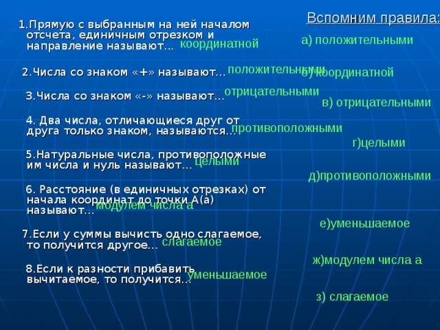 Вспомним правила:  1.Прямую с выбранным на ней началом отсчета, единичным отрезком и направление называют...  2.Числа со знаком «+» называют…    3.Числа со знаком «-» называют…    4. Два числа, отличающиеся друг от друга только знаком, называются…    5.Натуральные числа, противоположные им числа и нуль называют…    6. Расстояние (в единичных отрезках) от начала координат до точки А(а) называют…    7.Если у суммы вычисть одно слагаемое, то получится другое…    8.Если к разности прибавить вычитаемое, то получится… а) положительными    координатной положительными    б) координатной отрицательными  в) отрицательными противоположными  г)целыми целыми  д)противоположными  модулем числа а  е)уменьшаемое слагаемое ж)модулем числа а  уменьшаемое  з) слагаемое