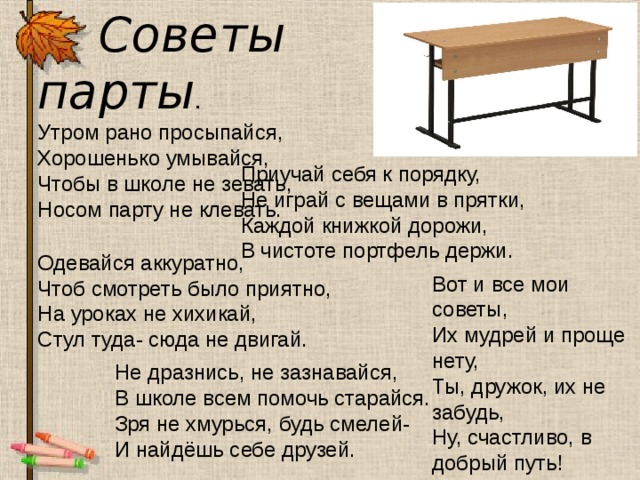 Советы парты . Утром рано просыпайся, Хорошенько умывайся, Чтобы в школе не зевать, Носом парту не клевать. Приучай себя к порядку, Не играй с вещами в прятки, Каждой книжкой дорожи, В чистоте портфель держи. Одевайся аккуратно, Чтоб смотреть было приятно, На уроках не хихикай, Стул туда- сюда не двигай. Вот и все мои советы, Их мудрей и проще нету, Ты, дружок, их не забудь, Ну, счастливо, в добрый путь! Не дразнись, не зазнавайся, В школе всем помочь старайся. Зря не хмурься, будь смелей- И найдёшь себе друзей.