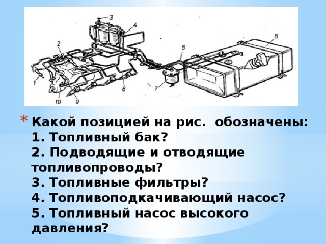 Какой позицией на рис. обозначены:  1. Топливный бак?  2. Подводящие и отводящие топливопроводы?  3. Топливные фильтры?  4. Топливоподкачивающий насос?  5. Топливный насос высокого давления?   