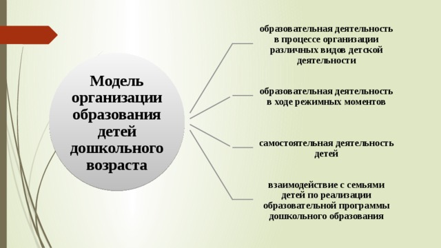 образовательная деятельность в процессе организации различных видов детской деятельности Модель организации образования детей дошкольного возраста образовательная деятельность в ходе режимных моментов самостоятельная деятельность детей взаимодействие с семьями детей по реализации образовательной программы дошкольного образования