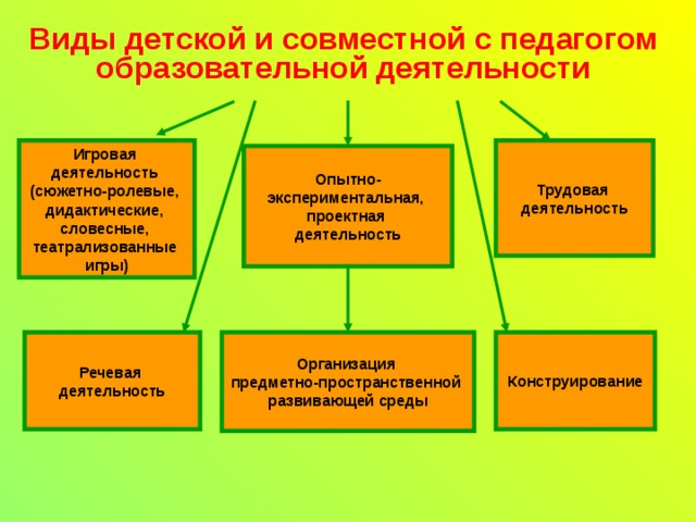 Виды детской и совместной с педагогом  образовательной деятельности  Игровая деятельность (сюжетно-ролевые, дидактические, словесные, театрализованные игры) Трудовая деятельность Опытно- экспериментальная, проектная деятельность Речевая деятельность Организация предметно-пространственной развивающей среды Конструирование