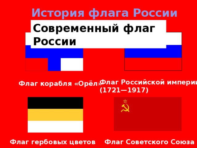 История флага России Современный флаг России Флаг Российской империи (1721—1917) Флаг корабля «Орёл» Флаг Советского Союза Флаг гербовых цветов