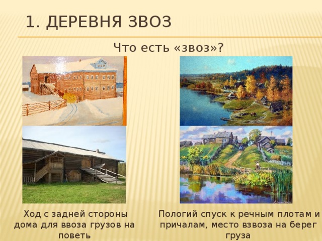 1. деревня звоз  Что есть «звоз»?  Ход с задней стороны дома для ввоза грузов на поветь  Пологий спуск к речным плотам и причалам, место взвоза на берег груза