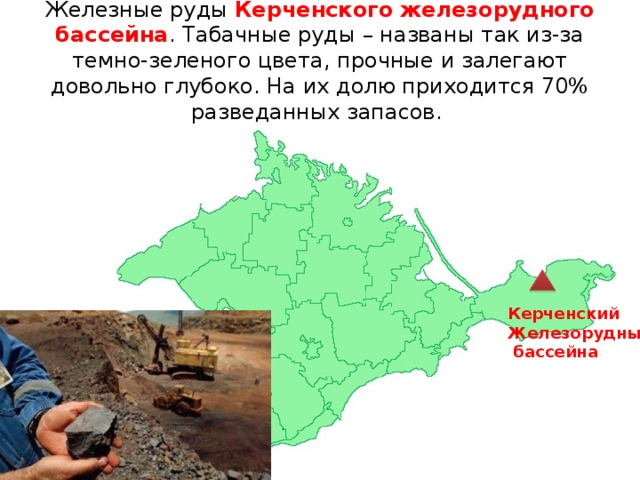 Железные руды Керченского железорудного бассейна . Табачные руды – названы так из-за темно-зеленого цвета, прочные и залегают довольно глубоко. На их долю приходится 70% разведанных запасов. Керченский Железорудный  бассейна