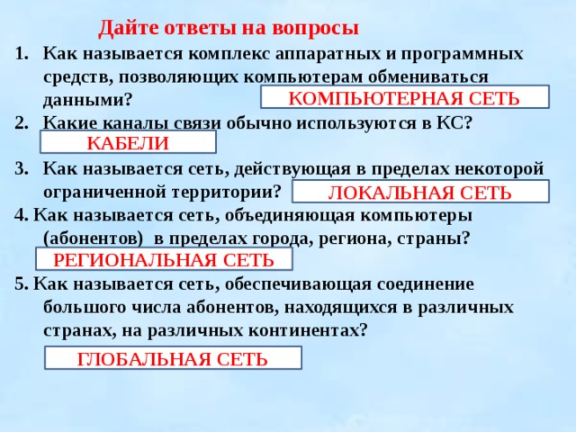 Дайте ответы на вопросы  Как называется комплекс аппаратных и программных средств, позволяющих компьютерам обмениваться данными? Какие каналы связи обычно используются в КС?  3. Как называется сеть, действующая в пределах некоторой ограниченной территории? 4. Как называется сеть, объединяющая компьютеры (абонентов) в пределах города, региона, страны?  5. Как называется сеть, обеспечивающая соединение большого числа абонентов, находящихся в различных странах, на различных континентах? КОМПЬЮТЕРНАЯ СЕТЬ КАБЕЛИ ЛОКАЛЬНАЯ СЕТЬ РЕГИОНАЛЬНАЯ СЕТЬ ГЛОБАЛЬНАЯ СЕТЬ