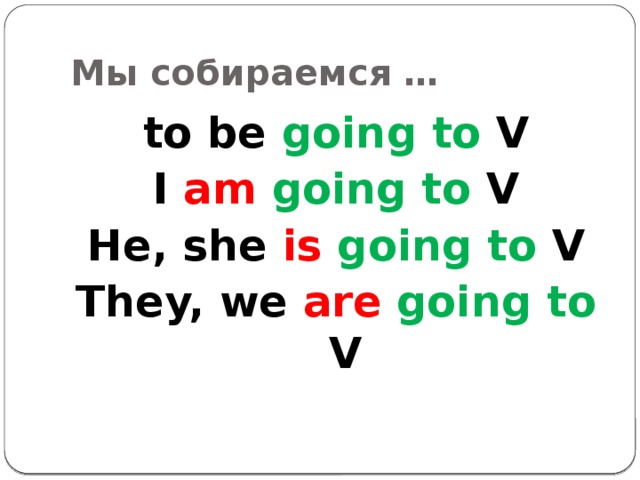 Мы собираемся … to be going to V I am  going to V He, she is  going to V They, we are  going to V