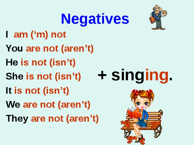 Negatives I am (‘m) not You are not (aren’t) He is not (isn’t) She is not (isn’t) It is not (isn’t) We are not (aren’t) They are not (aren’t)  + sing ing .