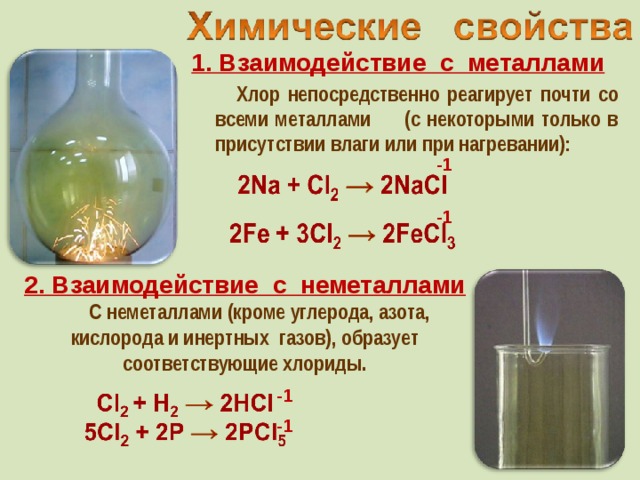 1. Взаимодействие с металлами  Хлор непосредственно реагирует почти со всеми металлами (с некоторыми только в присутствии влаги или при нагревании): -1 -1 2. Взаимодействие с неметаллами  C неметаллами (кроме углерода, азота, кислорода и инертных газов), образует соответствующие хлориды. -1 -1
