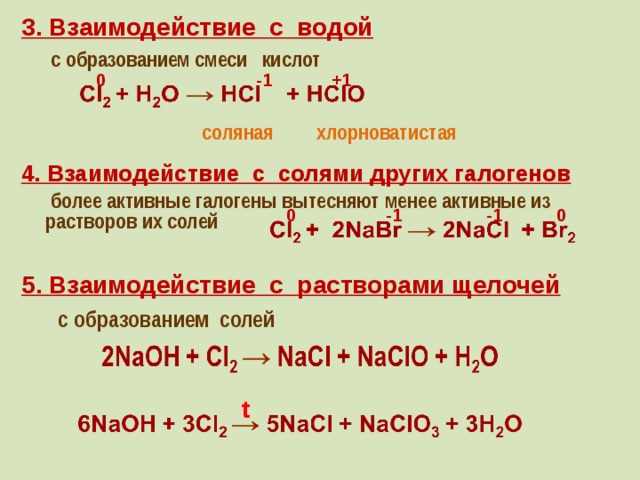 Галогены 9 класс тест. Реакция галогенов с водой. Уравнения реакций взаимодействия галогенов с водой. Взаимодействие хлора с солями галогенов. Химические свойства галогенов взаимодействие с водой.