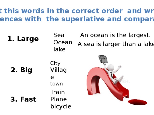 Put this words in the correct order and write sentences with the superlative and comparative Sea An ocean is the largest. Ocean lake 1. Large A sea is larger than a lake . City Village town 2. Big Train Plane bicycle 3. Fast
