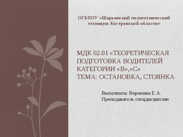 ОГБПОУ «Шарьинский политехнический техникум Костромской области» МДК 02.01 «Теоретическая подготовка водителей категории «В»,«С»  Тема: Остановка, стоянка Выполнила: Воронина Е.А. Преподаватель спецдисциплин