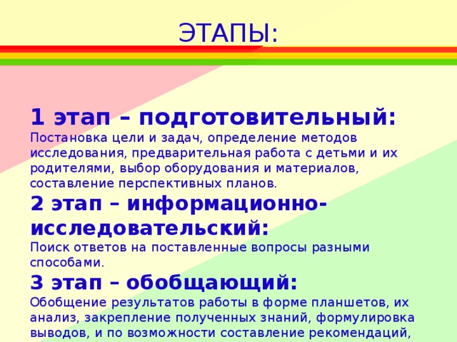 ЭТАПЫ: 1 этап – подготовительный: Постановка цели и задач, определение методов исследования, предварительная работа с детьми и их родителями, выбор оборудования и материалов, составление перспективных планов. 2 этап – информационно-исследовательский: Поиск ответов на поставленные вопросы разными способами. 3 этап – обобщающий: Обобщение результатов работы в форме планшетов, их анализ, закрепление полученных знаний, формулировка выводов, и по возможности составление рекомендаций, презентация опыта работы для педагогов.