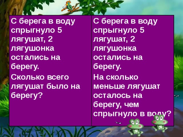 С берега в воду спрыгнуло 5 лягушат, 2 лягушонка остались на берегу. Сколько всего лягушат было на берегу? С берега в воду спрыгнуло 5 лягушат, 2 лягушонка остались на берегу. На сколько меньше лягушат осталось на берегу, чем спрыгнуло в воду?