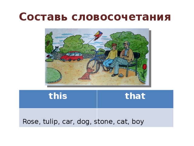 Составь словосочетания this that Rose, tulip, car, dog, stone, cat, boy