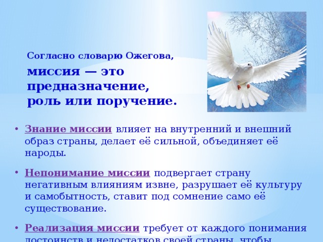 Согласно словарю Ожегова, миссия — это предназначение, роль или поручение.  Знание миссии  влияет на внутренний и внешний образ страны, делает её сильной, объединяет её народы. Непонимание миссии  подвергает страну негативным влияниям извне, разрушает её культуру и самобытность, ставит под сомнение само её существование. Реализация миссии  требует от каждого понимания достоинств и недостатков своей страны, чтобы выбрать правильный путь к достижению миссии .