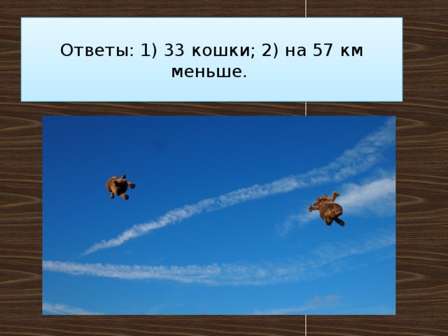 Ответы: 1) 33 кошки; 2) на 57 км меньше.