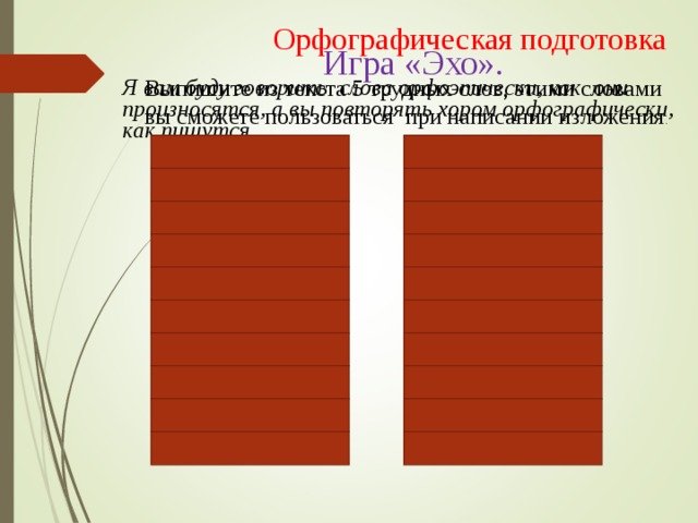 Орфографическая подготовка Игра «Эхо». Выпишите из текста 5 трудных слов, этими словами вы сможете пользоваться при написании изложения . Я вам буду говорить слова орфоэпически, как они произносятся, а вы повторять хором орфографически, как пишутся. [аднажды] [ падашлʼи ] [ астарожна ] [ крошычʼныйʼ ] [ галавастыйʼ ] [ жалабна ] [ данасʼилсʼа ] [ штобы ] [ клʼуф ] [ папʼискʼивал ] о днажды п о д о шли о ст о рожн о крош ечн ый г о л о вастый жал о бн о д о н о сился ч тобы клю в п о писк и вал