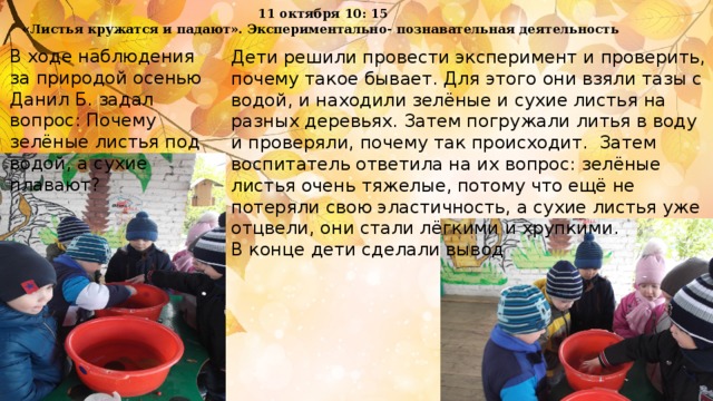 11 октября 10: 15  «Листья кружатся и падают». Экспериментально- познавательная деятельность     В ходе наблюдения за природой осенью Данил Б. задал вопрос: Почему зелёные листья под водой, а сухие плавают? Дети решили провести эксперимент и проверить, почему такое бывает. Для этого они взяли тазы с водой, и находили зелёные и сухие листья на разных деревьях. Затем погружали литья в воду и проверяли, почему так происходит. Затем воспитатель ответила на их вопрос: зелёные листья очень тяжелые, потому что ещё не потеряли свою эластичность, а сухие листья уже отцвели, они стали лёгкими и хрупкими.  В конце дети сделали вывод