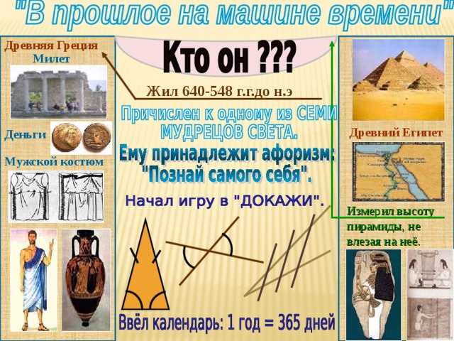 Древняя Греция  Милет Жил 640-548 г.г.до н.э  Древний Египет Деньги Мужской костюм Измерил высоту пирамиды, не влезая на неё.