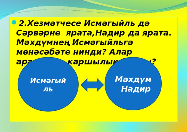 2.Хезмәтчесе Исмәгыйль дә Сәрвәрне ярата,Надир да ярата. Мәхдүмнең Исмәгыйльгә мөнәсәбәте нинди? Алар арасында каршылык бармы?