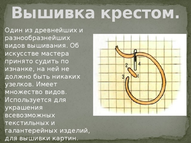 Вышивка крестом. Один из древнейших и разнообразнейших видов вышивания. Об искусстве мастера принято судить по изнанке, на ней не должно быть никаких узелков. Имеет множество видов. Используется для украшения всевозможных текстильных и галантерейных изделий, для вышивки картин.