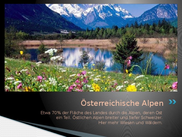 Österreichische Alpen  Etwa 70% der Fläche des Landes durch die Alpen, deren Ost  ein Teil. Östlichen Alpen breiter und tiefer Schweizer.  Hier mehr Wiesen und Wäldern.