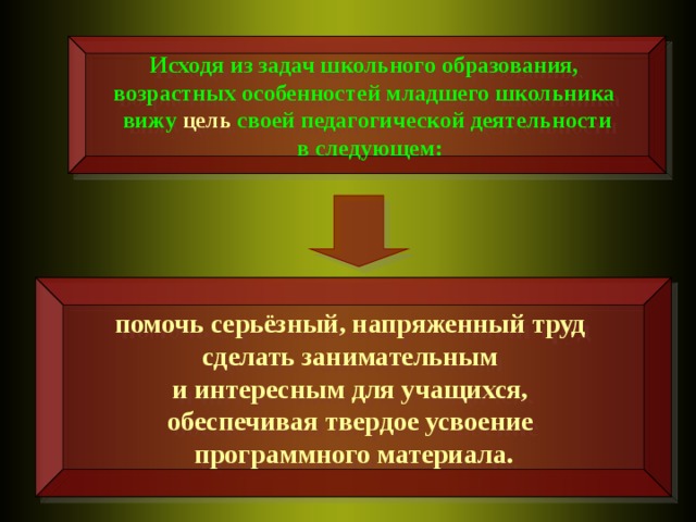 Исходя из задач школьного образования, возрастных особенностей младшего школьника  вижу цель своей педагогической деятельности  в следующем: помочь серьёзный, напряженный труд сделать занимательным и интересным для учащихся, обеспечивая твердое усвоение программного материала.