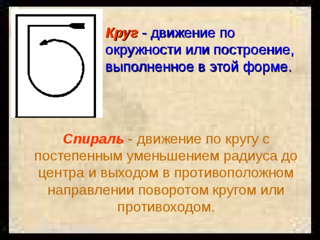 Круг  - движение по окружности или построение, выполненное в этой форме. Спираль - движение по кругу с постепенным уменьшением радиуса до центра и выходом в противоположном направлении поворотом кругом или противоходом.