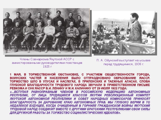 Члены Совнаркома Якутской АССР с амнистированными руководителями повстанцев 1925 г П. А. Ойунский выступает на ысыахе перед трудящимися, 1936 г.