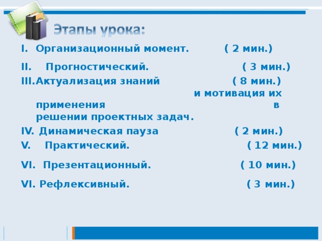 Организационный момент. ( 2 мин.)  II. Прогностический. ( 3 мин.) Актуализация знаний  ( 8 мин.) и мотивация их применения в решении проектных задач.  Динамическая пауза ( 2 мин.)