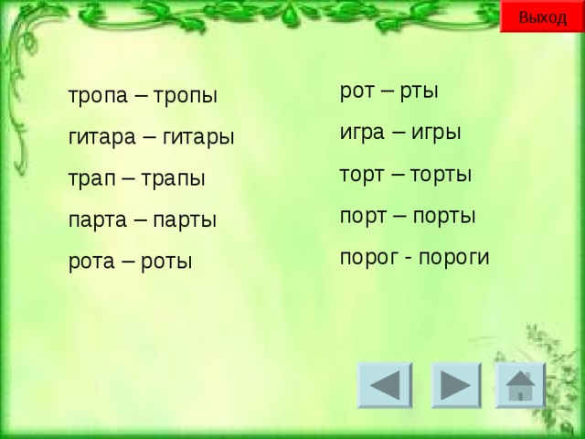 Выход рот – рты игра – игры торт – торты порт – порты порог - пороги тропа – тропы гитара – гитары трап – трапы парта – парты рота – роты