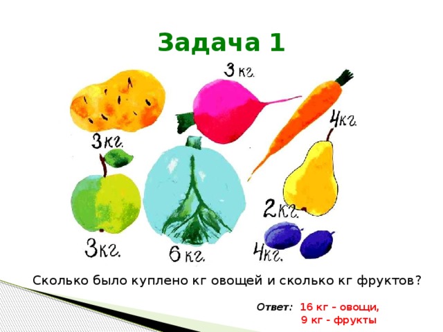 Задача 1 Сколько было куплено кг овощей и сколько кг фруктов? Ответ: 16 кг – овощи,  9 кг - фрукты