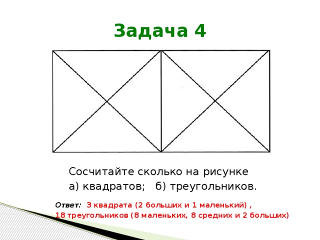 Задача 4 Сосчитайте сколько на рисунке а) квадратов; б) треугольников. Ответ: 3 квадрата (2 больших и 1 маленький) , 18 треугольников (8 маленьких, 8 средних и 2 больших)