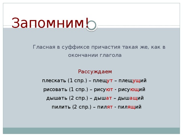 Запомним!    Гласная в суффиксе причастия такая же, как в окончании глагола Рассуждаем плескать (1 спр.) – плещ ут – плещ ущ ий рисовать (1 спр.) – рису ют - рису ющ ий дышать (2 спр.) – дыш ат – дыш ащ ий  пилить (2 спр.) – пил ят - пил ящ ий