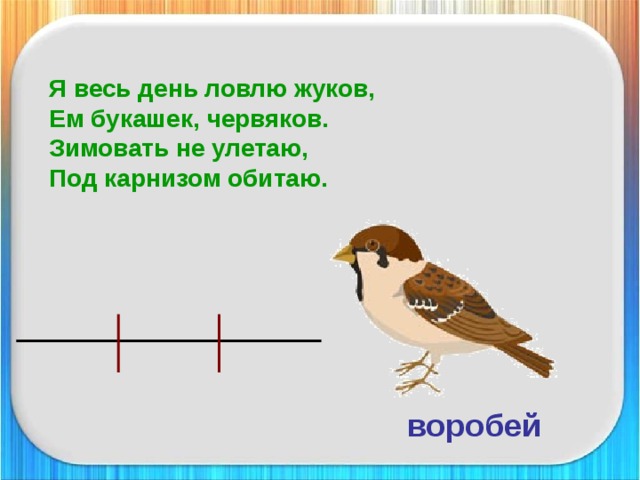 Я весь день ловлю жуков,  Ем букашек, червяков.  Зимовать не улетаю,  Под карнизом обитаю. воробей