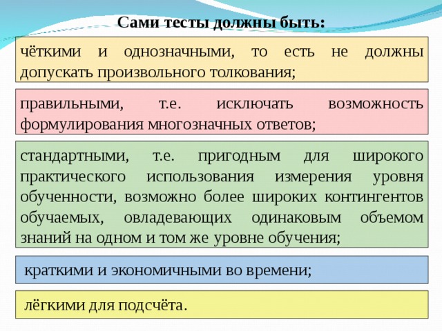 Сами тесты должны быть:  чёткими и однозначными, то есть не должны допускать произвольного толкования;  правильными, т.е. исключать возможность формулирования многозначных ответов;  стандартными, т.е. пригодным для широкого практического использования измерения уровня обученности, возможно более широких контингентов обучаемых, овладевающих одинаковым объемом знаний на одном и том же уровне обучения;   краткими и экономичными во времени;  лёгкими для подсчёта.