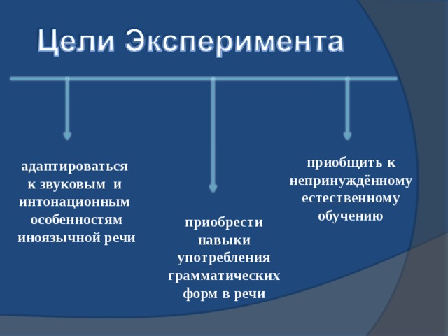 приобщить к непринуждённому естественному обучению адаптироваться к звуковым и интонационным особенностям  иноязычной речи приобрести навыки употребления грамматических форм в речи