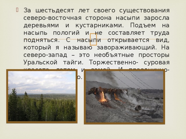 За шестьдесят лет своего существования северо-восточная сторона насыпи заросла деревьями и кустарниками. Подъем на насыпь пологий и не составляет труда подняться. С насыпи открывается вид, который я называю завораживающий. На северо-запад – это необъятные просторы Уральской тайги. Торжественно- суровая красота летом и замой. И празднично- нарядная осенью.