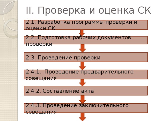 II. Проверка и оценка СК 2.1. Разработка программы проверки и оценки СК 2.2. Подготовка рабочих документов проверки 2.3. Проведение проверки 2.4.1. Проведение предварительного совещания 2.4.2. Составление акта 2.4.3. Проведение заключительного совещания