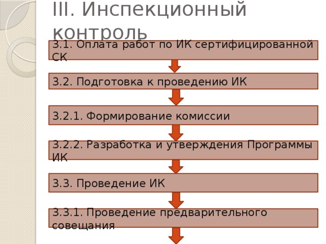 III. Инспекционный контроль 3.1. Оплата работ по ИК сертифицированной СК 3.2. Подготовка к проведению ИК 3.2.1. Формирование комиссии 3.2.2. Разработка и утверждения Программы ИК 3.3. Проведение ИК 3.3.1. Проведение предварительного совещания