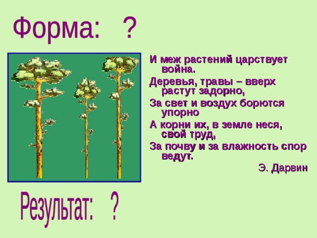 И меж растений царствует война. Деревья, травы – вверх растут задорно, За свет и воздух борются упорно А корни их, в земле неся, свой труд, За почву и за влажность спор ведут. Э. Дарвин