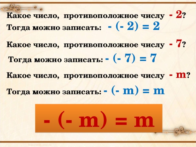 Какое число, противоположное числу - 2 ? Тогда можно записать: - (- 2) = 2  Какое число, противоположное числу - 7 ? Тогда можно записать: - (- 7) = 7  Какое число, противоположное числу - m ? Тогда можно записать: - (- m) = m   - (- m) = m